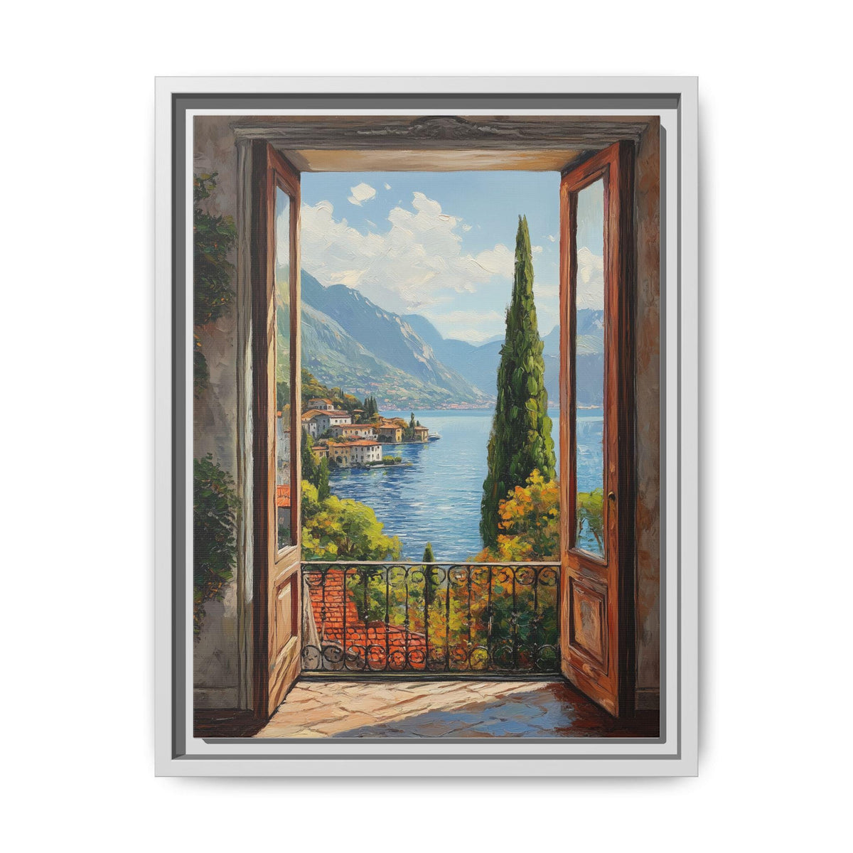 Lake Como wall art framed canvas print in a white wood frame