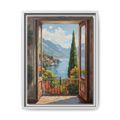 Lake Como wall art framed canvas print in a white wood frame