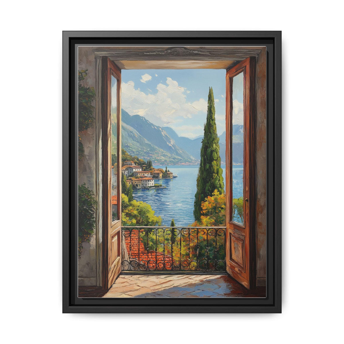 Lake Como wall art framed canvas print in a black wood frame