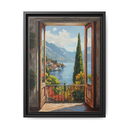Lake Como wall art framed canvas print in a black wood frame