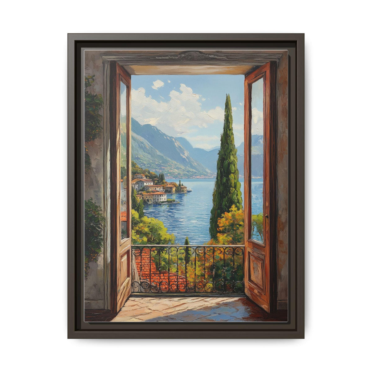 Lake Como wall art framed canvas print in an espresso wood frame
