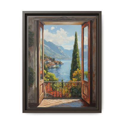 Lake Como wall art framed canvas print in an espresso wood frame