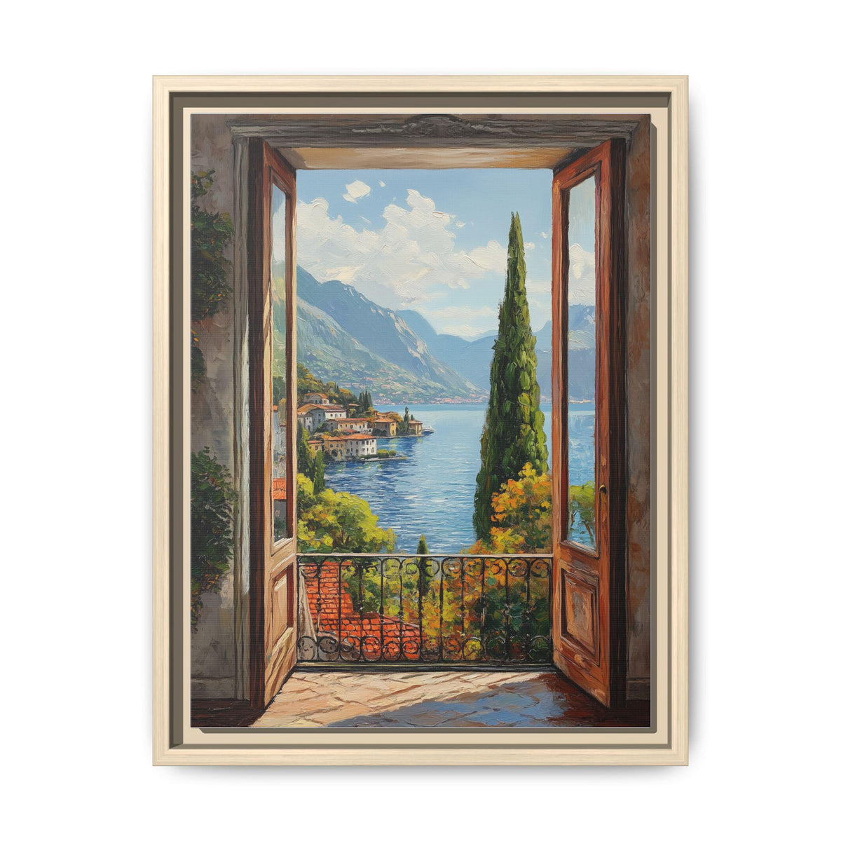 Lake Como wall art framed canvas print in a natural wood frame