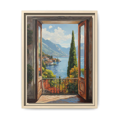 Lake Como wall art framed canvas print in a natural wood frame