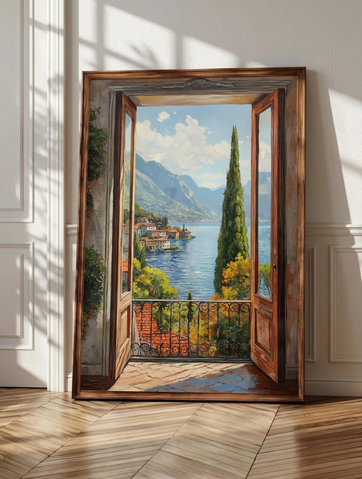 Lake Como wall art: open balcony doors framing a cypress and blue water, framed canvas