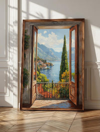 Lake Como wall art: open balcony doors framing a cypress and blue water, framed canvas