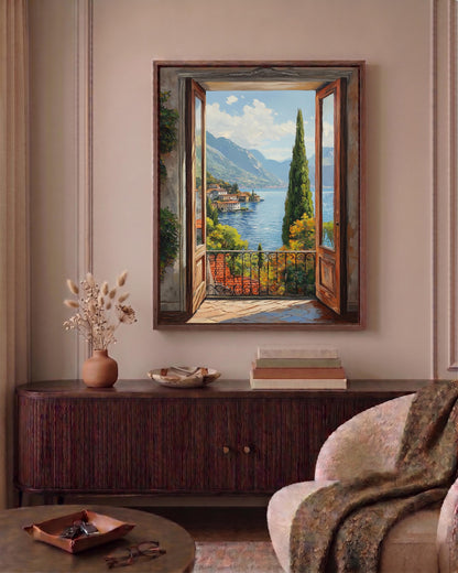 Painterly open window view over an Italian lake, made to order framed canvas