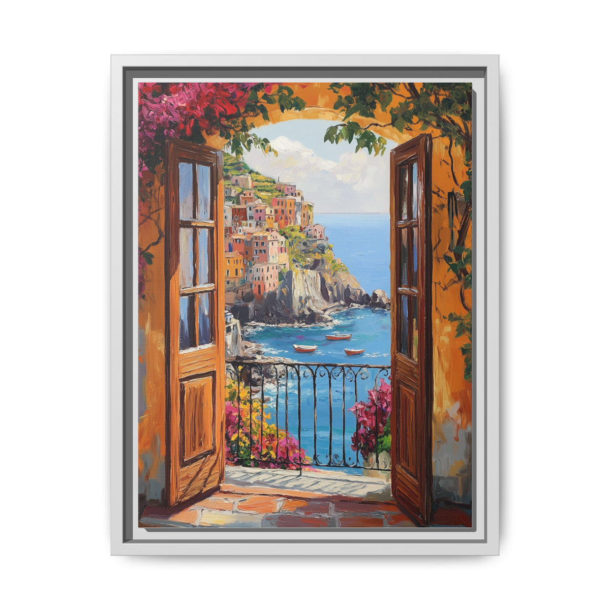Cinque Terre wall art framed canvas print in a white wood frame