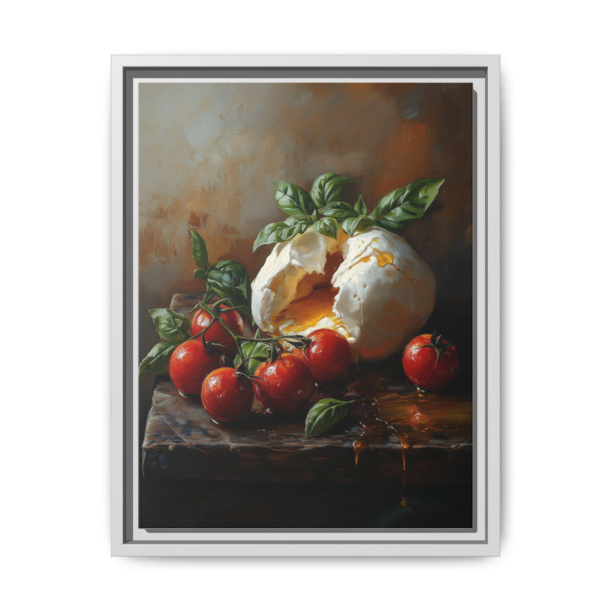 Burrata wall art framed canvas print in a white wood frame