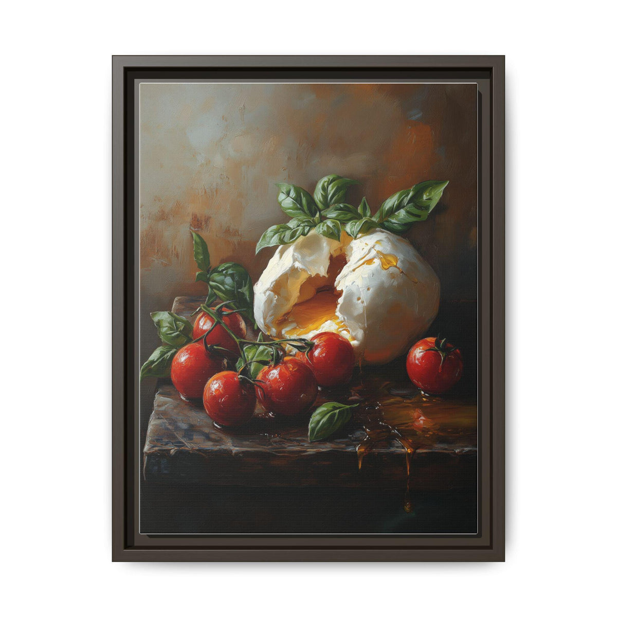 Burrata wall art framed canvas print in an espresso wood frame