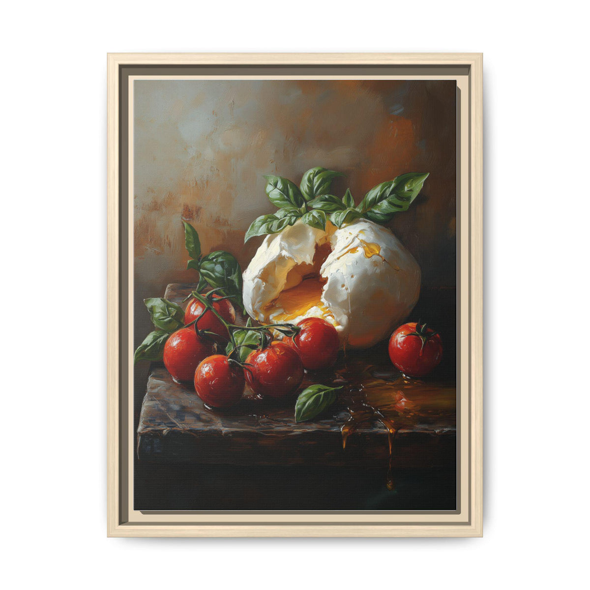 Burrata wall art framed canvas print in a natural wood frame