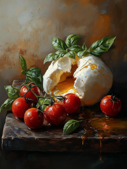 Painterly Italian still life canvas print with cherry tomatoes on the vine
