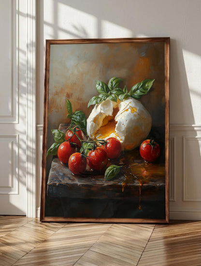 Burrata wall art: a torn burrata spilling golden stracciatella across dark slate, framed canvas