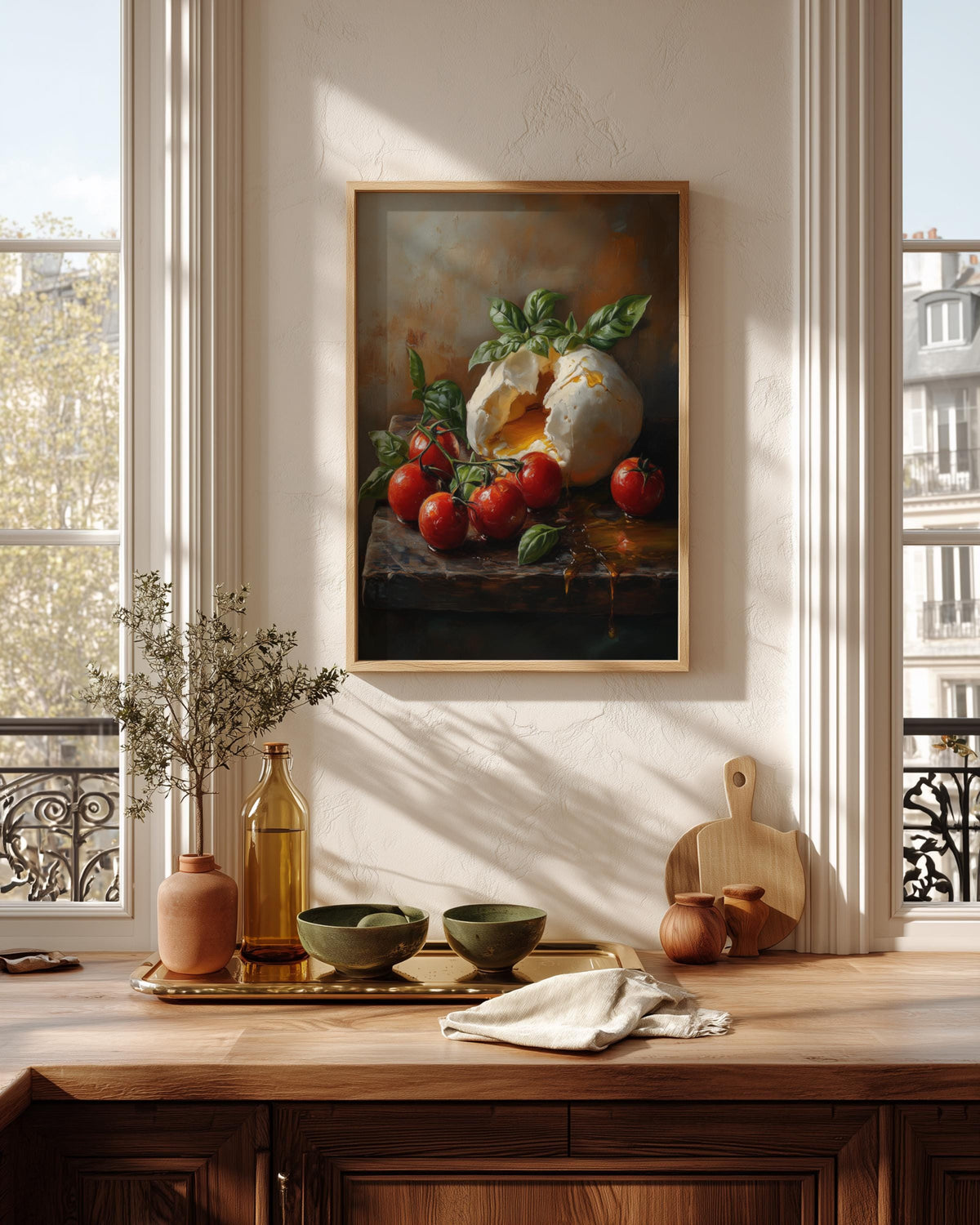 Kitchen still life framed canvas art in a solid wood frame, ready to hang