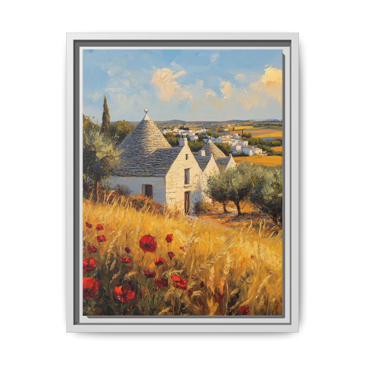 Puglia wall art framed canvas print in a white wood frame