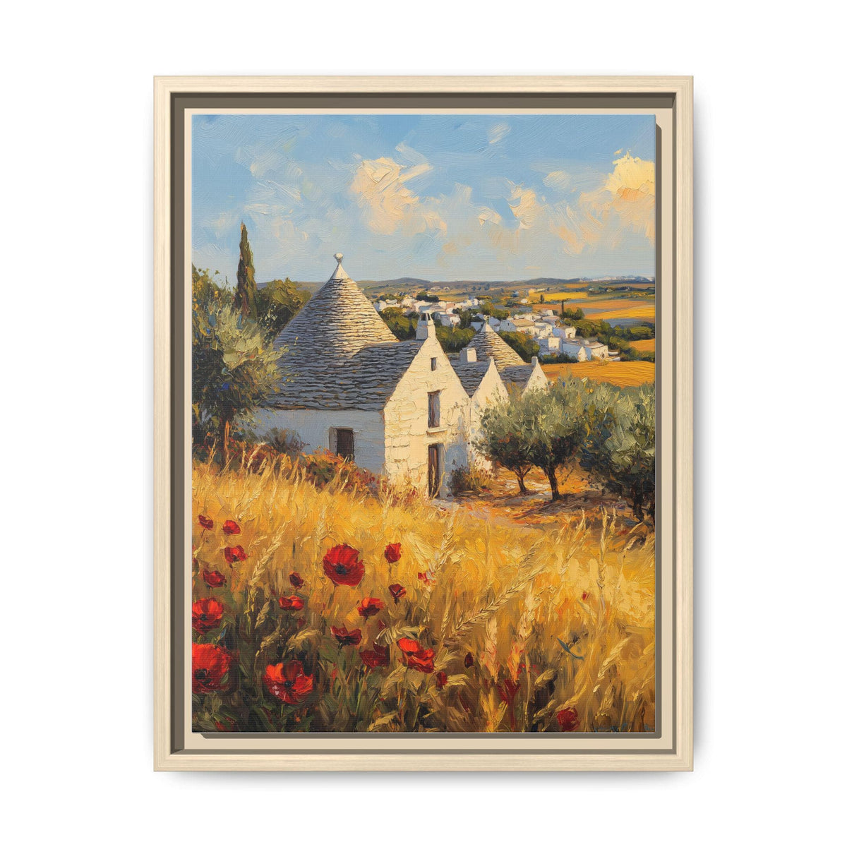Puglia wall art framed canvas print in a natural wood frame