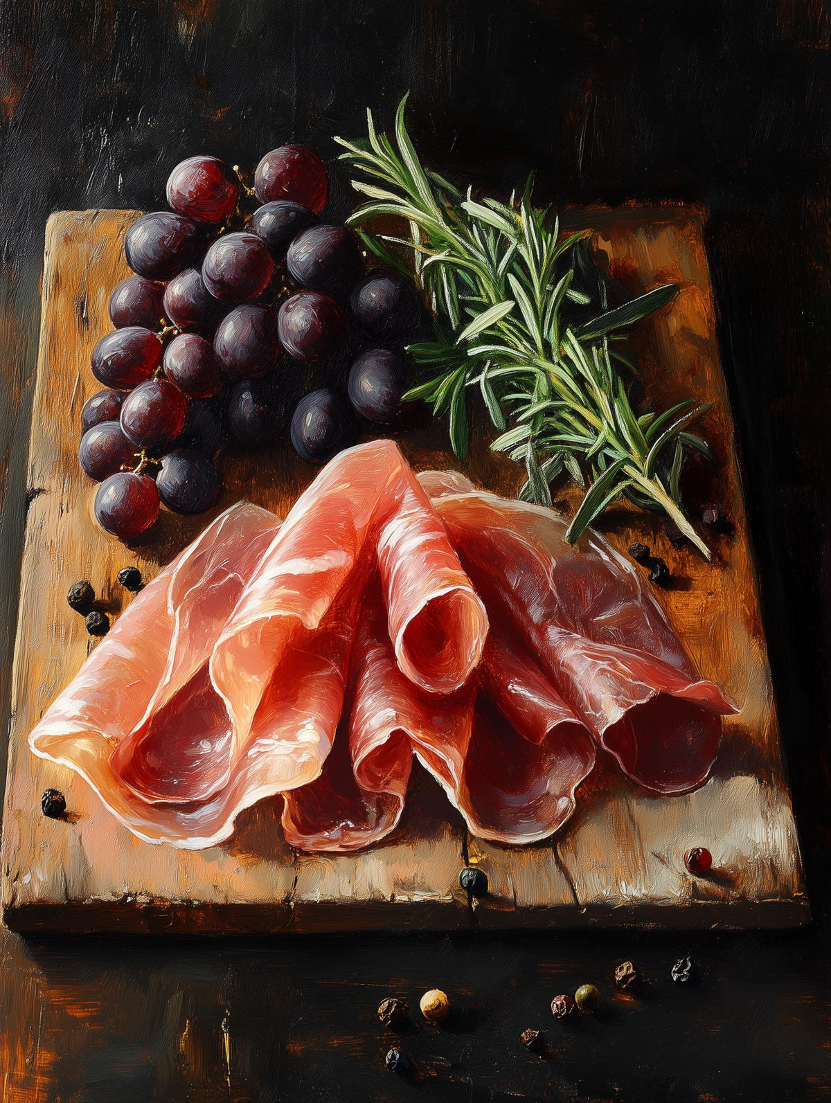 Italian prosciutto canvas print with thin slices laid out on a wooden board