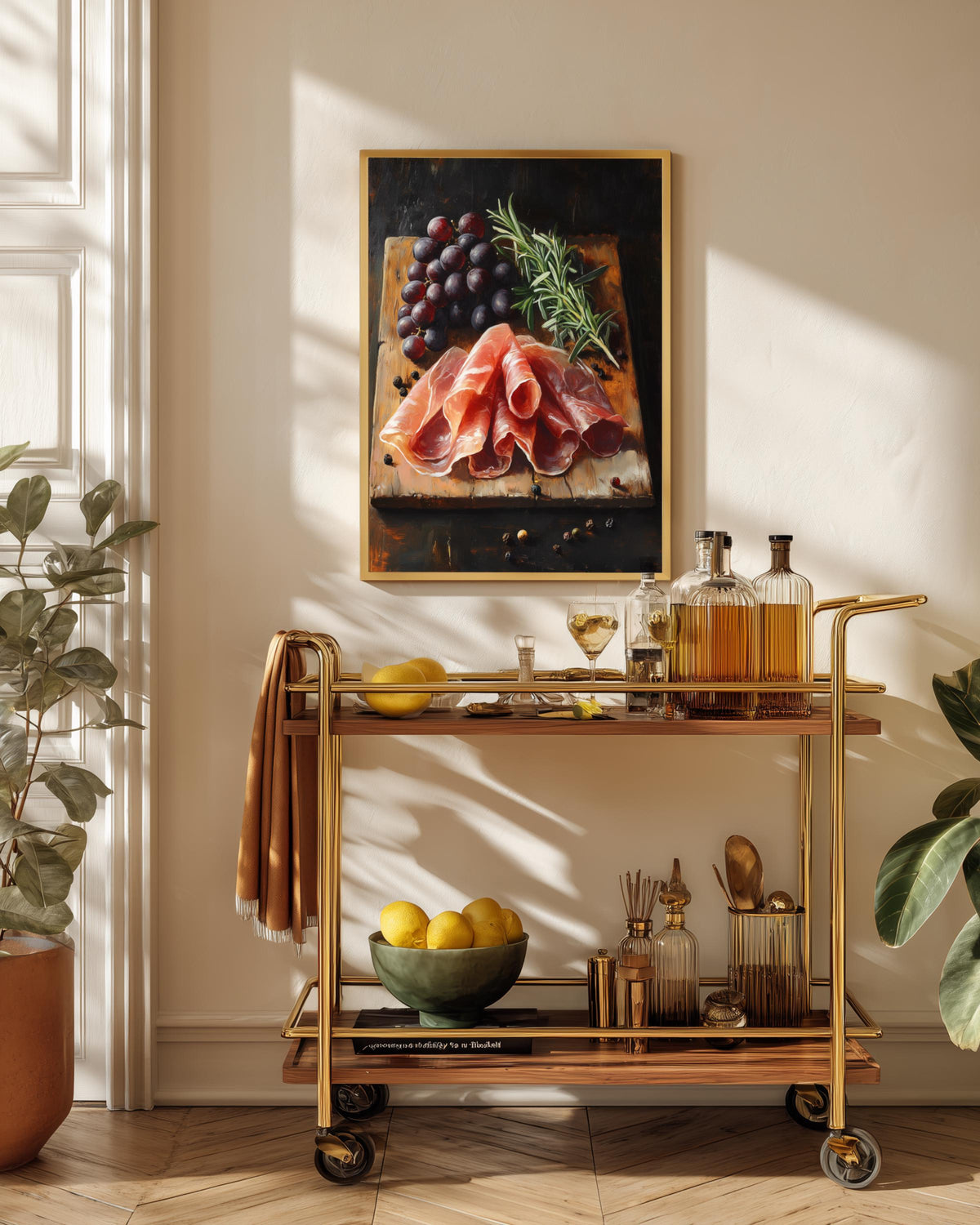 Oil-painting style prosciutto kitchen art on cotton canvas, made to order