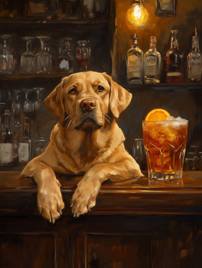 Oil-painting style dog portrait in a dim bar, amber light across a golden coat