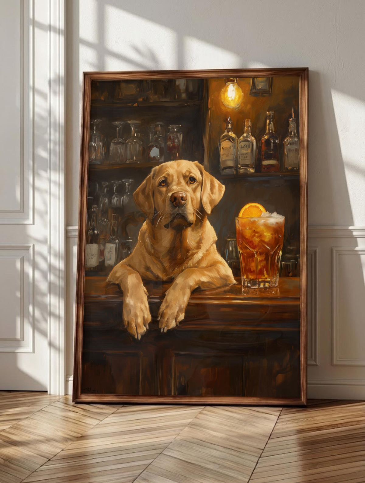 Labrador wall art: a golden Lab with paws on a bar counter beside an Old Fashioned