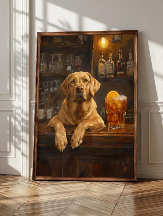 Labrador wall art: a golden Lab with paws on a bar counter beside an Old Fashioned