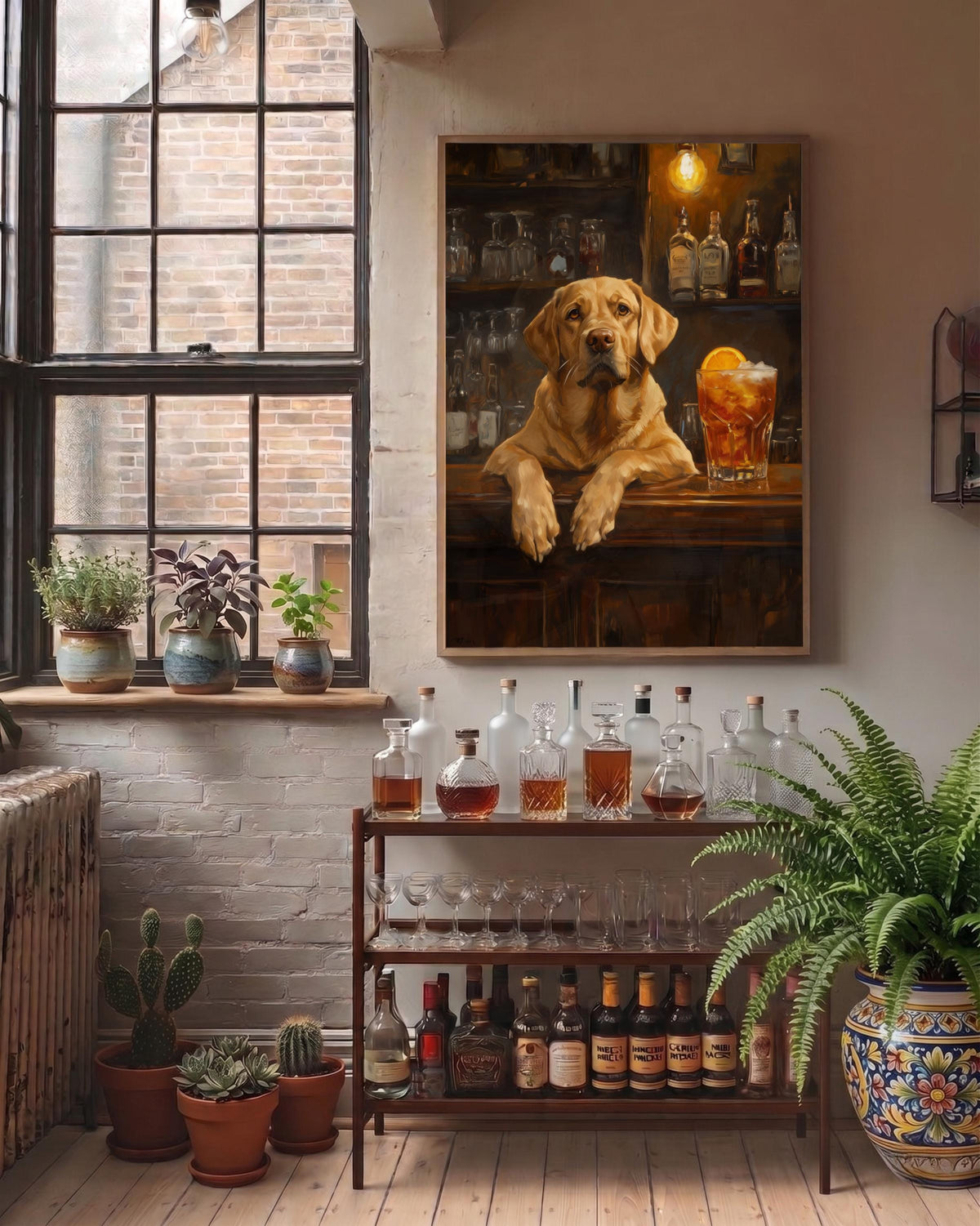 Painterly Labrador and cocktail art in amber and deep brown tones, ready to hang