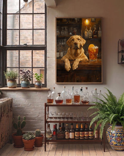 Painterly Labrador and cocktail art in amber and deep brown tones, ready to hang