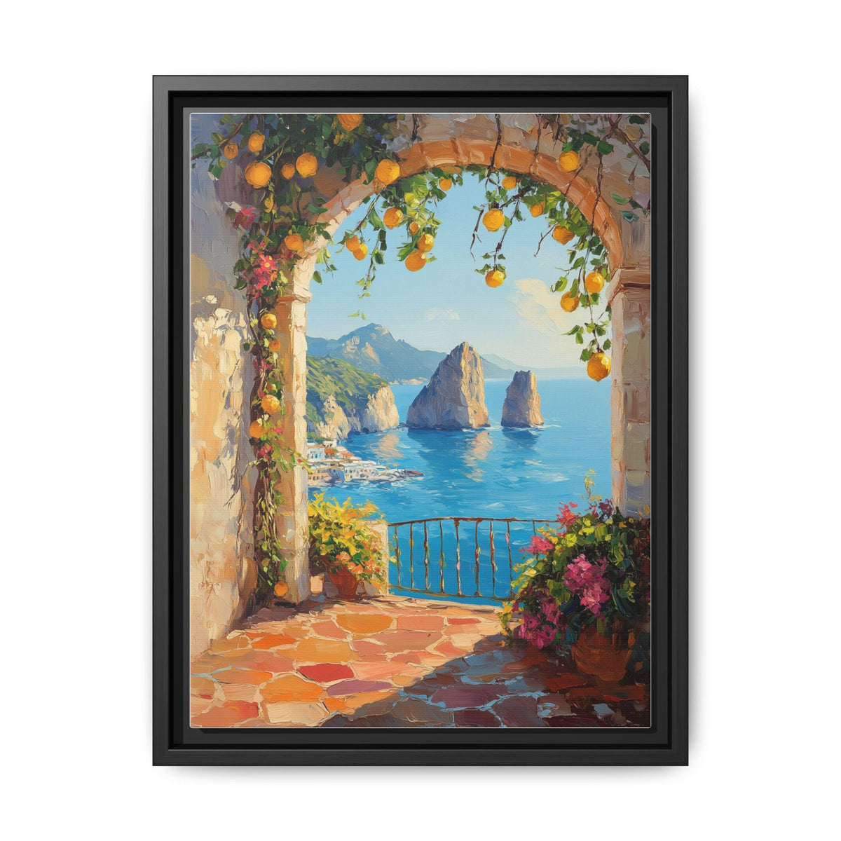 Faraglioni wall art framed canvas print in a black wood frame