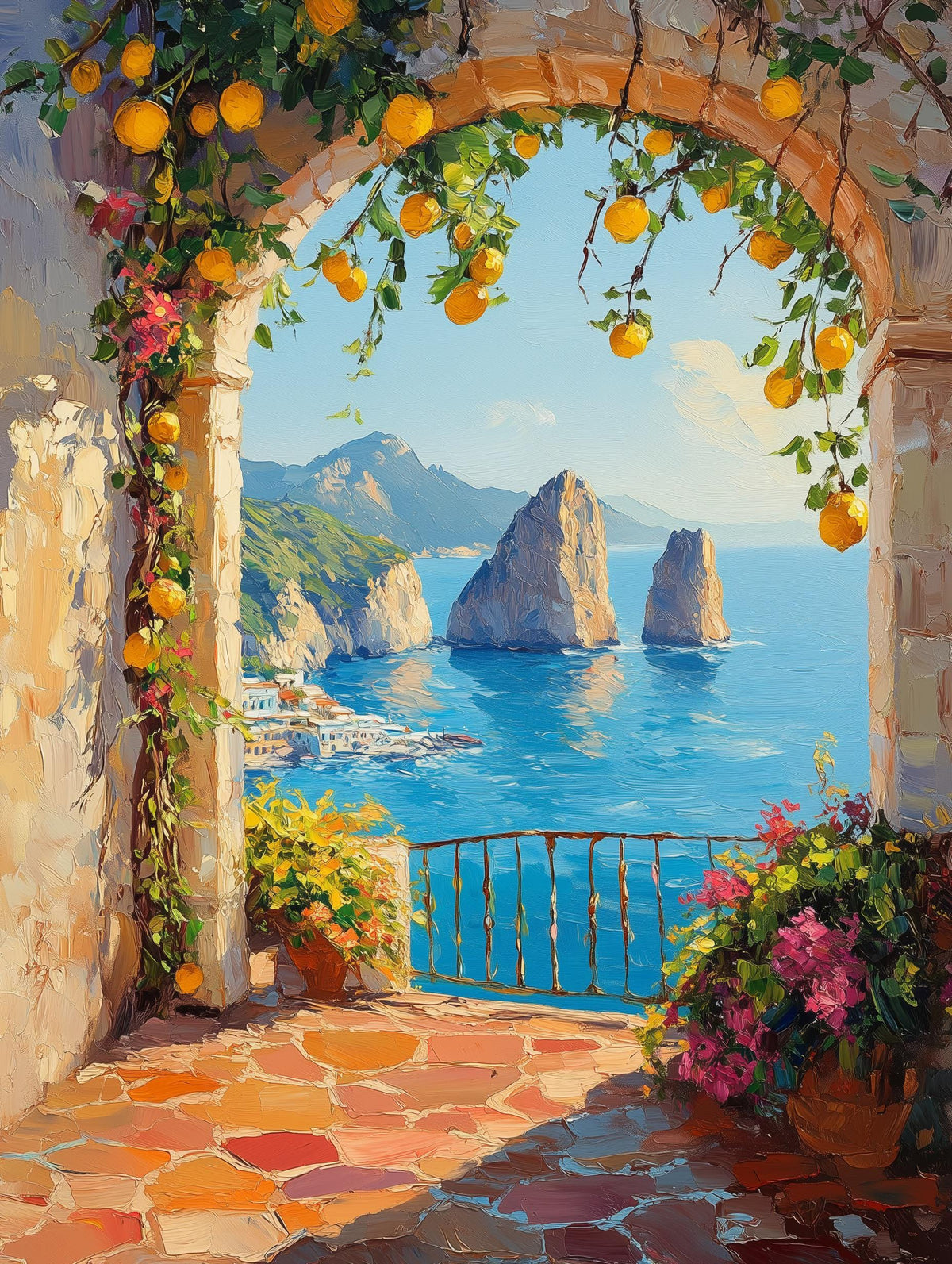 Painterly Capri canvas print framed by a lemon-draped stone arch