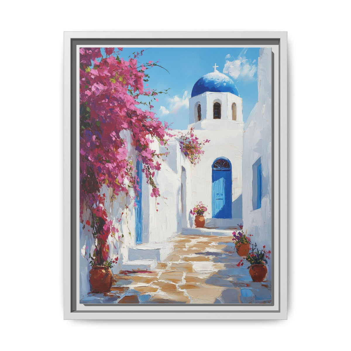 Mykonos wall art framed canvas print in a white wood frame