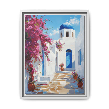Mykonos wall art framed canvas print in a white wood frame