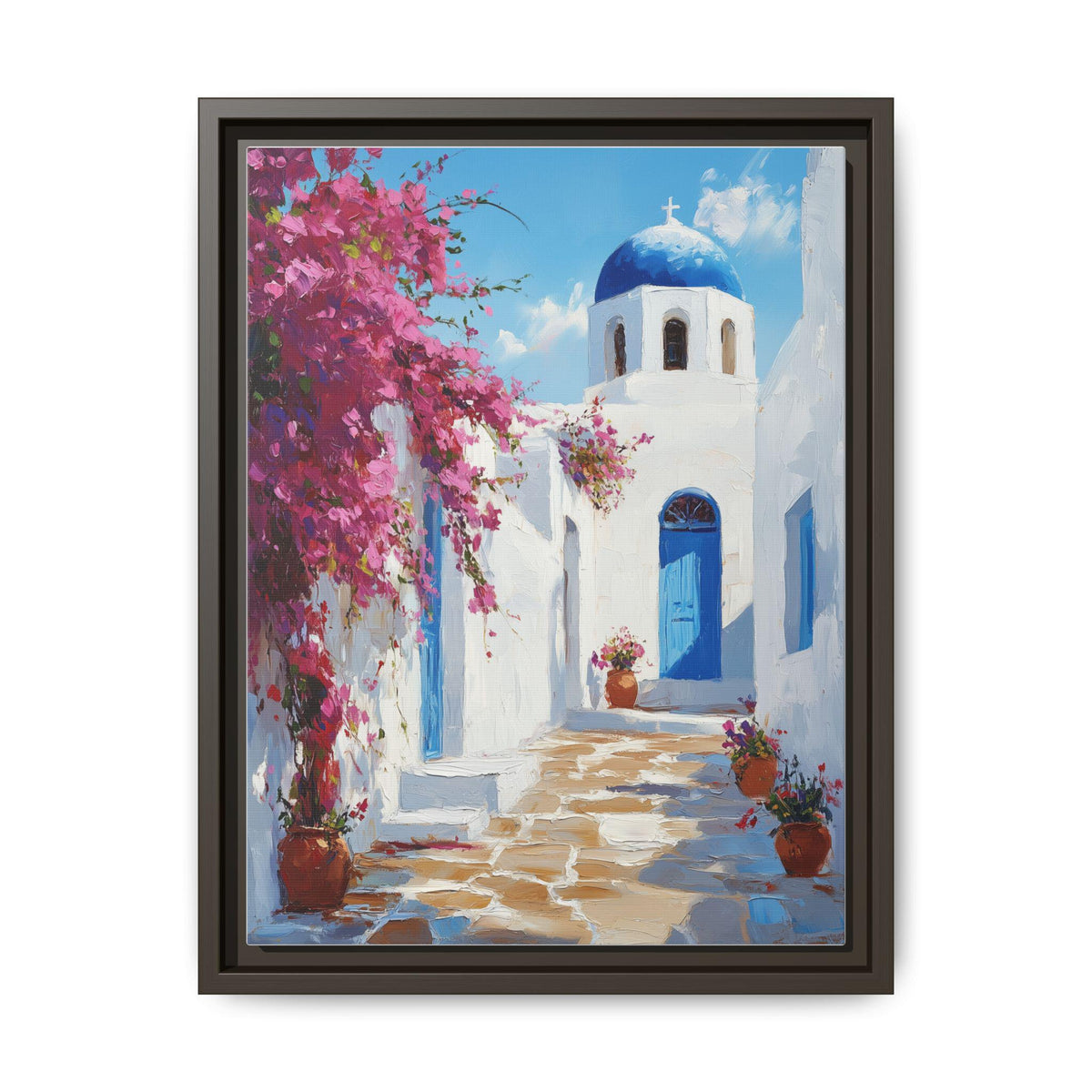 Mykonos wall art framed canvas print in an espresso wood frame