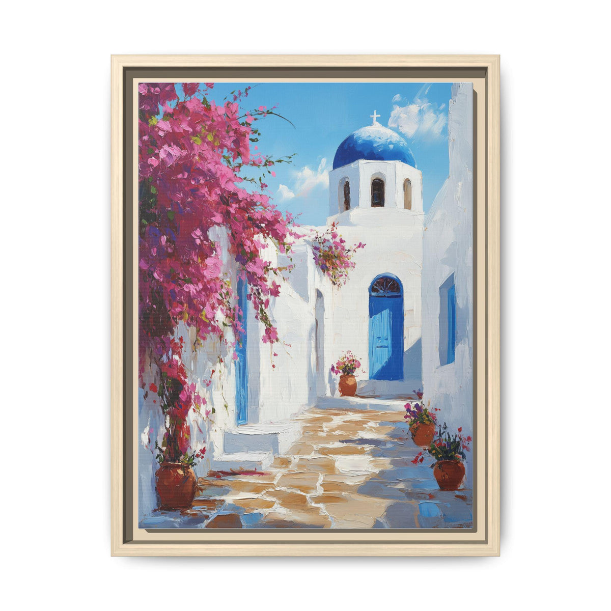 Mykonos wall art framed canvas print in a natural wood frame