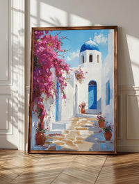 Mykonos wall art: whitewashed Cyclades lanes with magenta bougainvillea on the walls