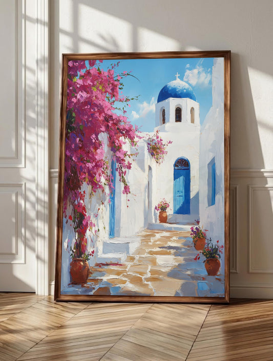 Mykonos wall art: whitewashed Cyclades lanes with magenta bougainvillea on the walls