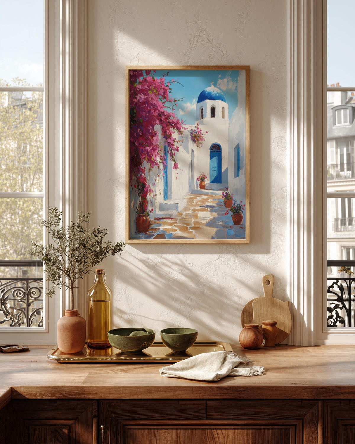 Mykonos framed canvas print in a solid wood frame, made to order and ready to hang