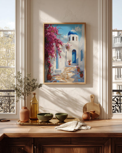 Mykonos framed canvas print in a solid wood frame, made to order and ready to hang
