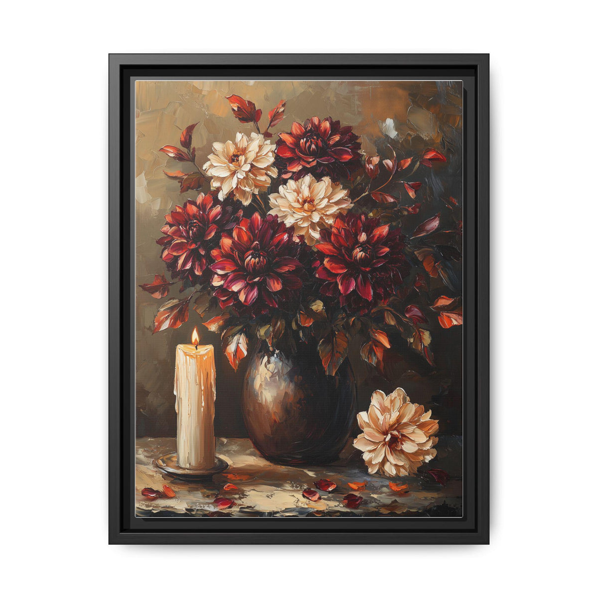 Dark Dahlia wall art framed canvas print in a black wood frame