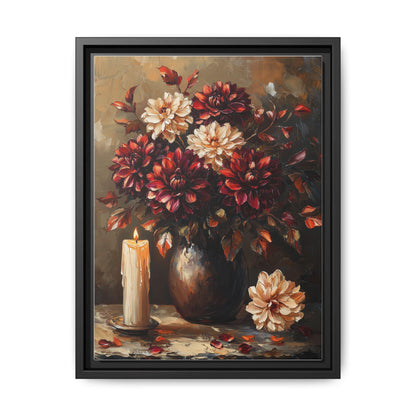 Dark Dahlia wall art framed canvas print in a black wood frame