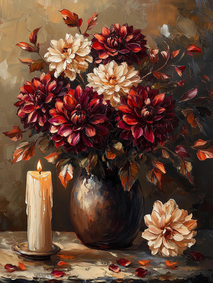 Painterly moody floral canvas print of layered dahlia petals against deep darkness