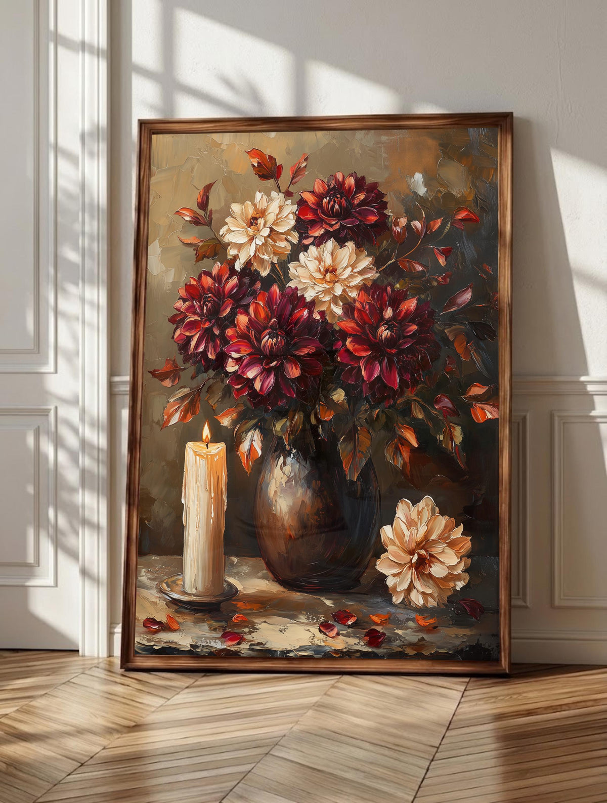 Dark dahlia wall art: burgundy and cream blooms emerging from candlelit shadow