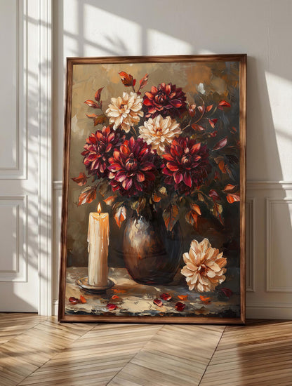 Dark dahlia wall art: burgundy and cream blooms emerging from candlelit shadow