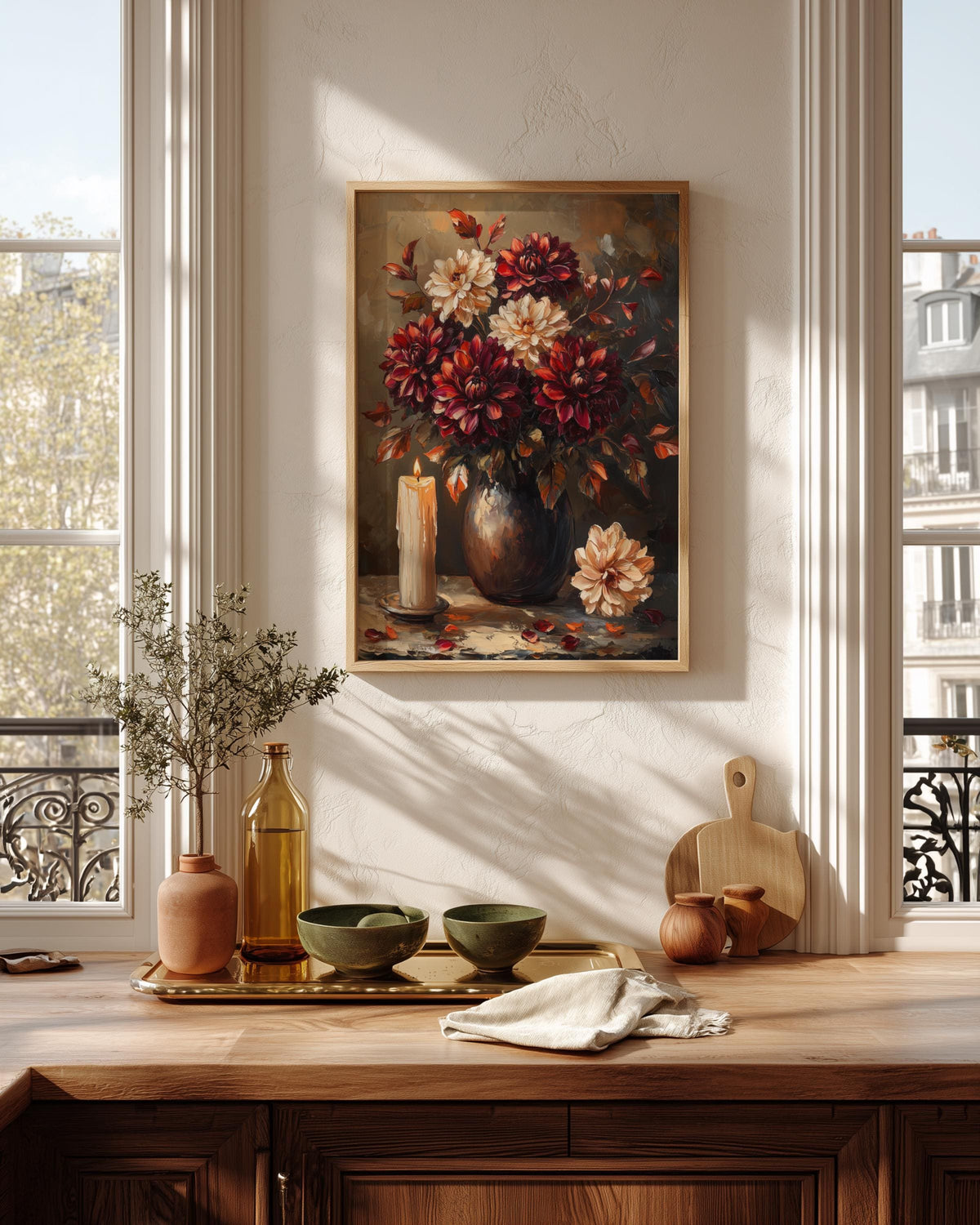 Dark dahlia framed canvas printed on cotton and framed in solid wood
