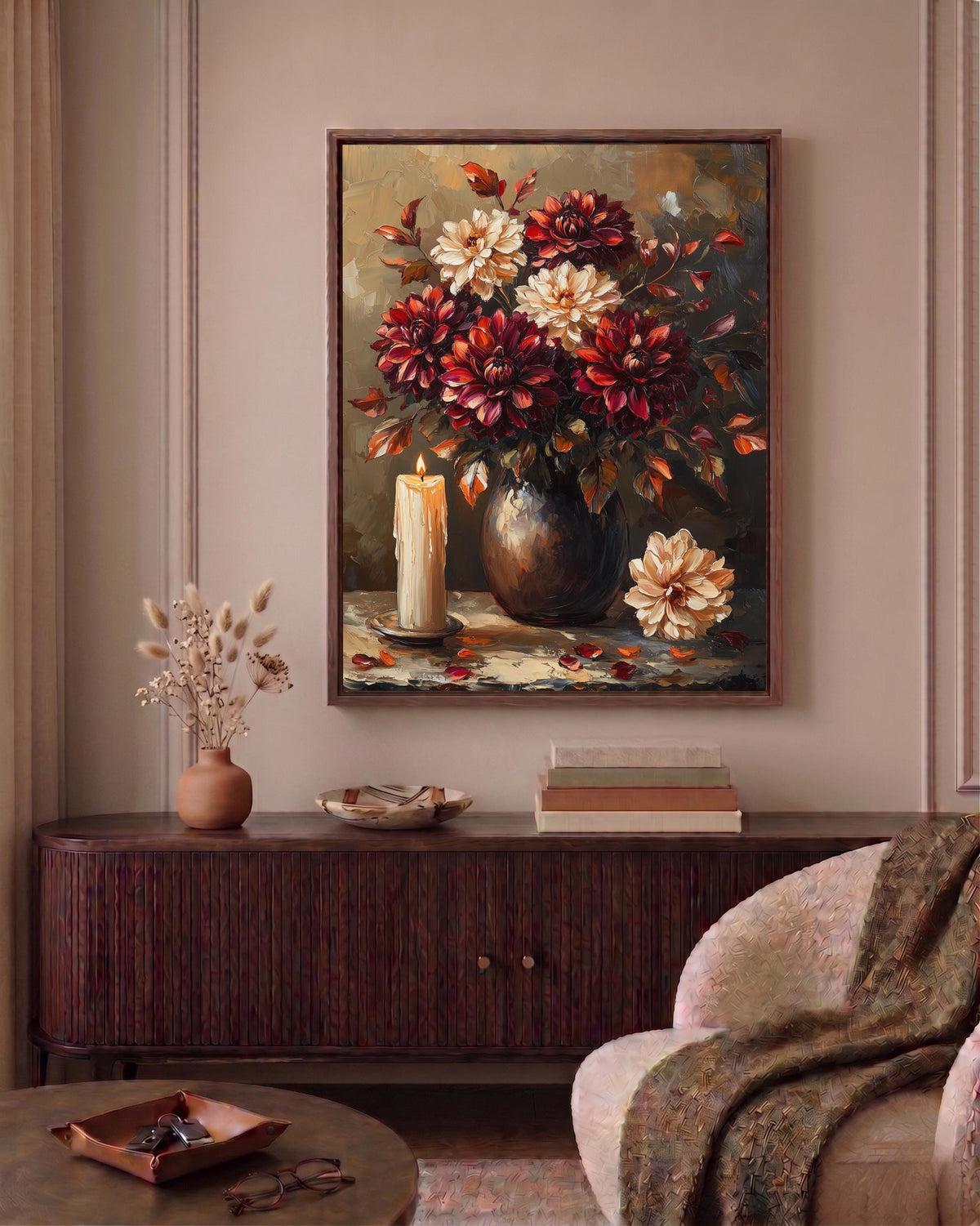 Oil-painting style flower study in wine red and warm ivory, made to order