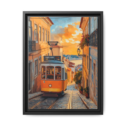 Lisbon wall art framed canvas print in a black wood frame