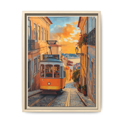 Lisbon wall art framed canvas print in a natural wood frame
