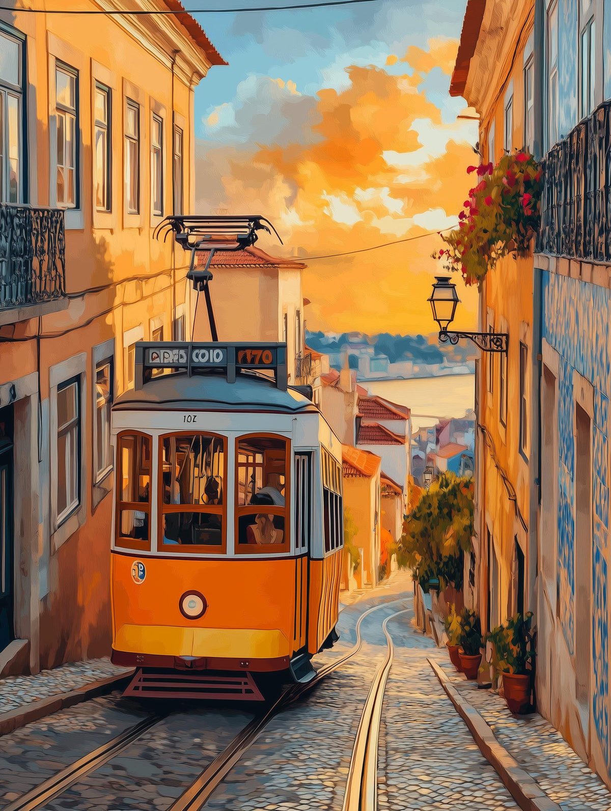 Warm painterly Portugal street scene at golden hour, oil-painting style