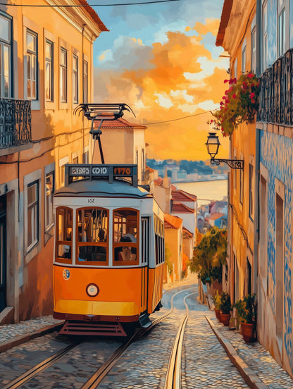 Warm painterly Portugal street scene at golden hour, oil-painting style