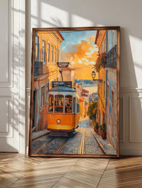 Lisbon wall art: the yellow tram climbing a narrow Alfama cobblestone street, framed canvas