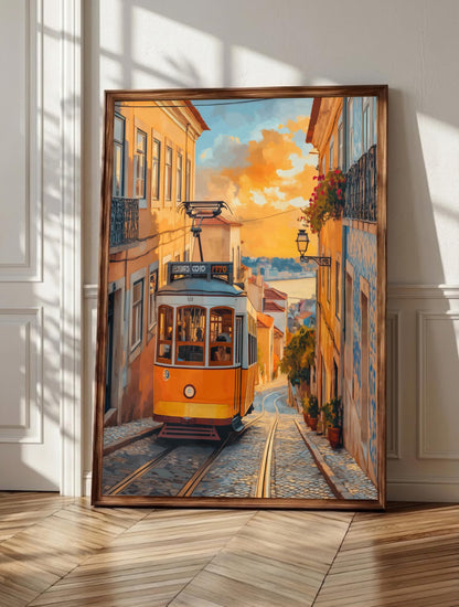 Lisbon wall art: the yellow tram climbing a narrow Alfama cobblestone street, framed canvas